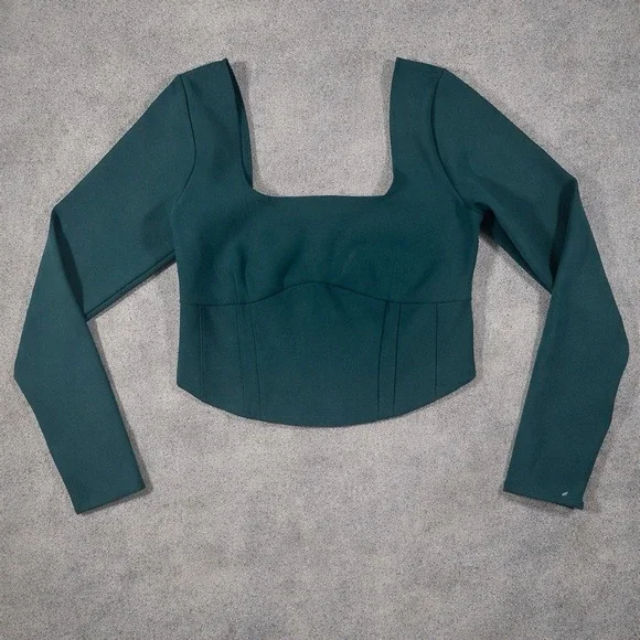 New Abercrombie & Fitch Womens Green Corset Long Sleeve Crop Top Square Neck L - Picture 1 of 6
